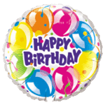Round birthday balloon with colorful balloon graphics and "Happy Birthday" text
