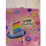 Pink happy birthday balloon with colorful cake and flower decorations