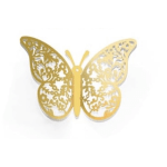 Gold butterfly wall decoration with filigree wings on a white background