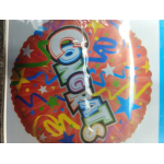 Round red foil balloon with colorful "Congrats" text and stars