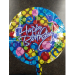 Round birthday balloon with colorful confetti pattern and "Happy Birthday" text