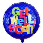 Round blue balloon with colorful "Get Well Soon!" text