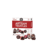 Box of artisan chocolate truffles with several truffles in front