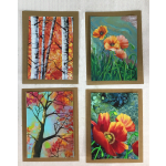 Four colorful floral art cards with poppy and tree designs