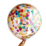 Clear balloon filled with colorful confetti dots
