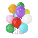 Cluster of colorful balloons on strings against a white background