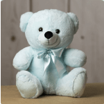 Light blue teddy bear with a satin ribbon