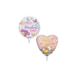 Two Mother's Day foil balloons with floral graphics and handles
