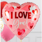 Pink heart-shaped balloon with "I LOVE You!" text and heart patterns