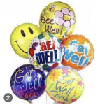 Cluster of colorful get-well balloons with cheerful messages