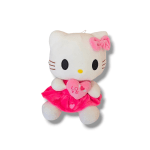 Hello Kitty plush toy in a pink dress holding a heart