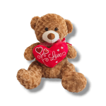 Brown teddy bear holding a red heart pillow with the word Love