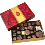Box of assorted chocolates in a red and gold gift box