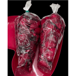 Two wrapped red floral bundles in a pink container
