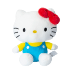 Hello Kitty plush toy in blue overalls with a red bow