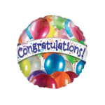 Round foil balloon with colorful balloons and the word Congratulations in bold letters