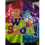 Colorful foil balloon with the words "Get Well Soon!"
