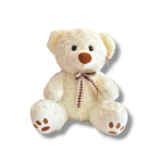 Cream teddy bear with a plaid ribbon bow
