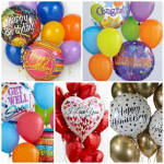 Assorted colorful foil and latex balloons with birthday, congrats, get well, love, and anniversary messages