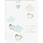 New baby card with pastel cloud and teacup illustrations