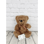 Brown teddy bear with a satin ribbon sitting against a white brick wall