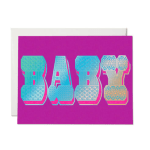 Purple greeting card with the word "BABY" in blue and gold lettering