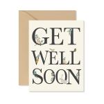 Get well soon greeting card with floral accents and an envelope