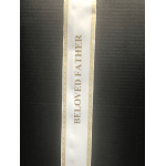 White ribbon with gold border reading "BELOVED FATHER"