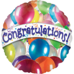 Colorful balloon cluster with a "Congratulations!" banner
