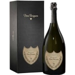 Bottle of Dom Pérignon champagne beside its black gift box