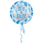 Blue "It's a Boy" balloon with baby footprints and curling ribbon