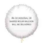White round mylar balloon with printed text