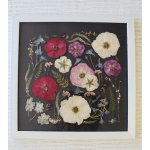 Framed pressed flowers arranged on a black background