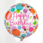 Round foil balloon with colorful dots and "Happy Birthday" text