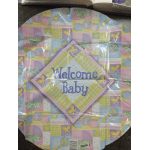 Pastel round sign reading "Welcome Baby" with baby-themed patterns