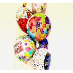 Cluster of colorful birthday balloons with star patterns and greeting text