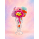 Colorful fuzzy plush toys arranged in a clear glass vase