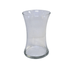 Clear hourglass-shaped glass vase on a white background