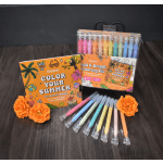Summer coloring book set with colorful gel pens and orange flowers