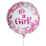 Pink foil balloon with footprints and the words "It's a Girl!"