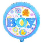 Round blue balloon with "It's a Boy" text and baby-themed icons