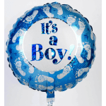 Blue foil balloon with white footprints and the words "It's a Boy!"