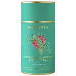 Teal tea tin with a peacock and flowers on the label