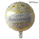 Round anniversary balloon with gold scrollwork and text