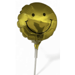 Gold smiley-face balloon on a white stick