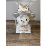 White teddy bear in a clear gift box with a gold-and-white bow