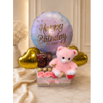 Birthday gift set with a teddy bear, balloons, roses, and chocolates