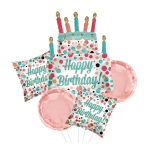 Birthday balloon bouquet with cake-shaped and round balloons