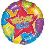 Round balloon with "Welcome Back!" text and colorful stars
