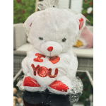 White teddy bear wrapped in clear plastic with red "I love you" accents